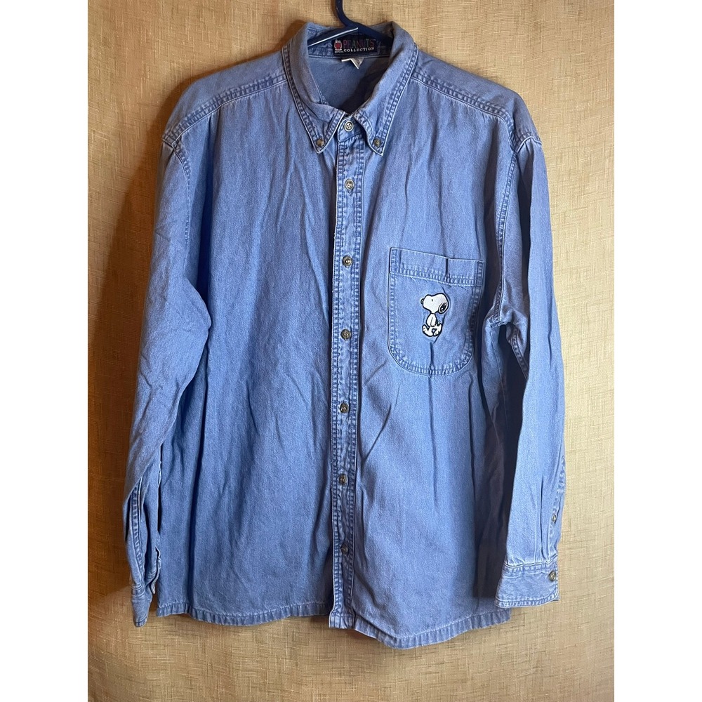 Vintage Peanuts Collection Denim Shirt Snoopy Embroidered Pocket Button Up Large